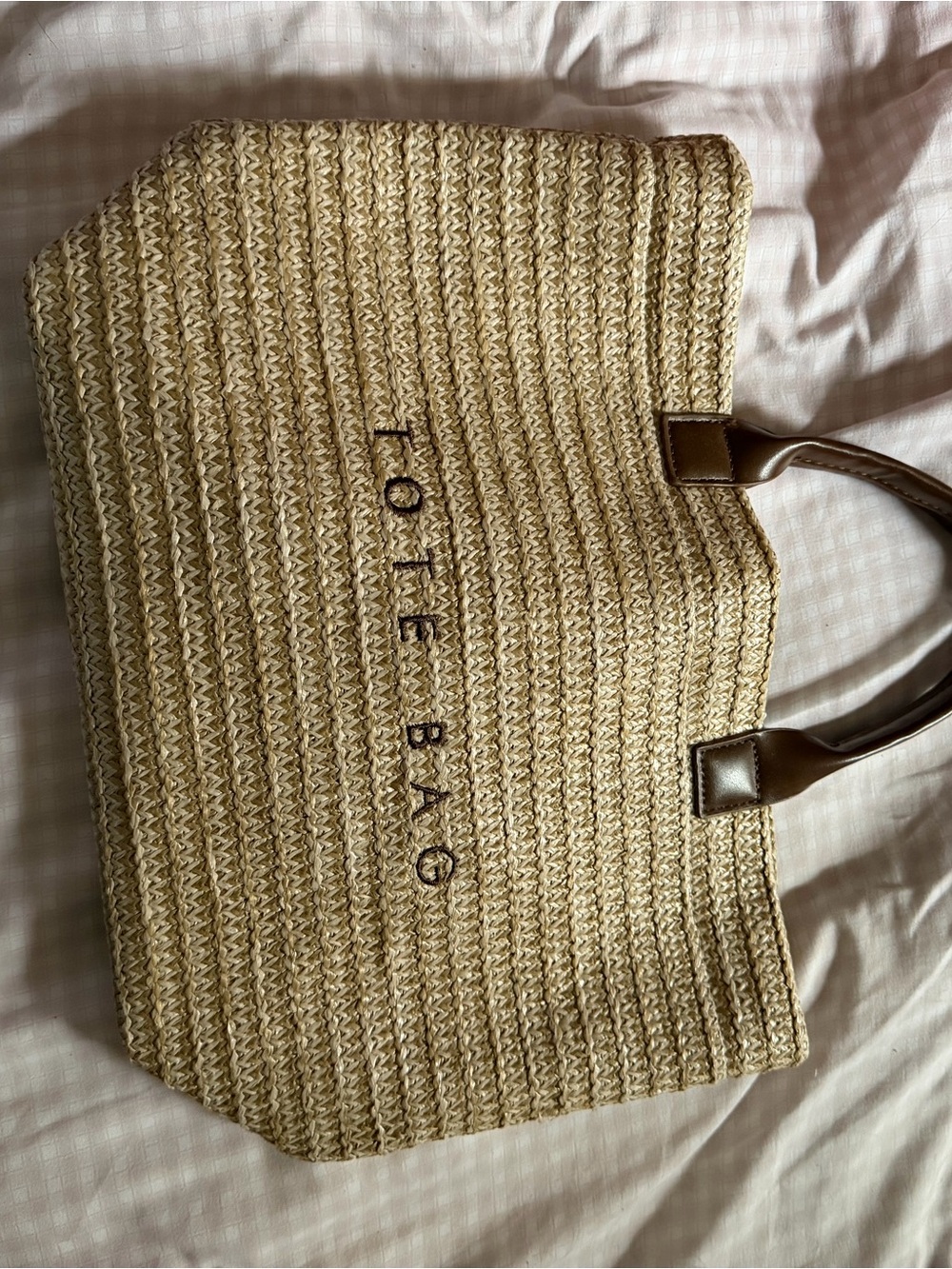 Woven Straw Tote Bag in Natural with Brown Handles